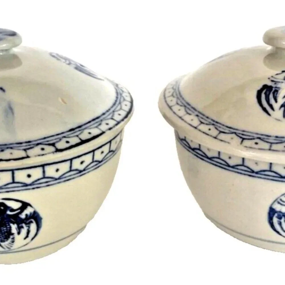 2 Phoenix Heron Rice Bowls w/ Lids Porcelain PRC 4.5